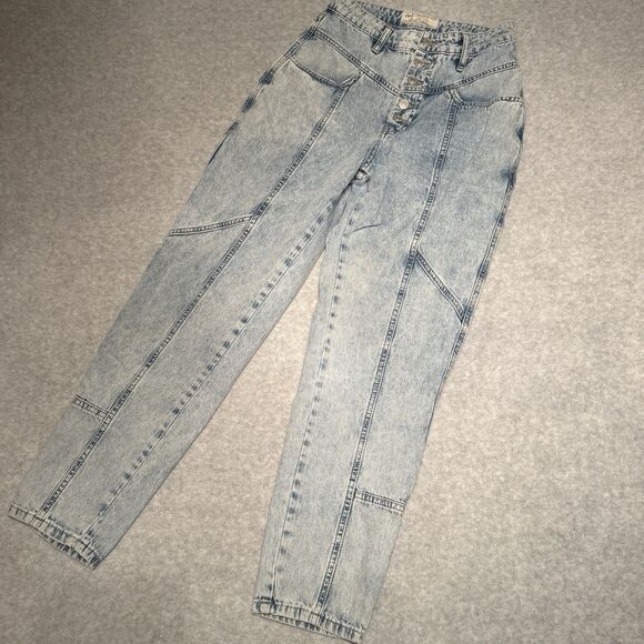 Free People High Rise Button Fly Tapered Jean Light Wash Distressed Look Size 27 - Picture 1 of 13